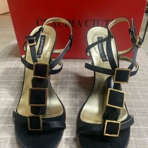 CLAUDIA CIUTI black suede and gold wedge sandal Sz 9m